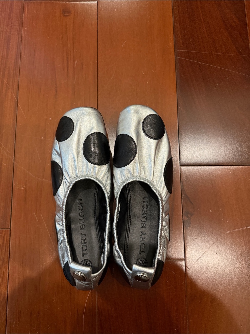Tory Burch Silver Ballet Flats with Black Polka Dots